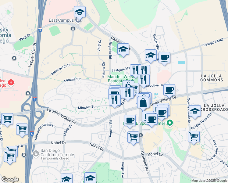 map of restaurants, bars, coffee shops, grocery stores, and more near 9237 Regents Road in San Diego
