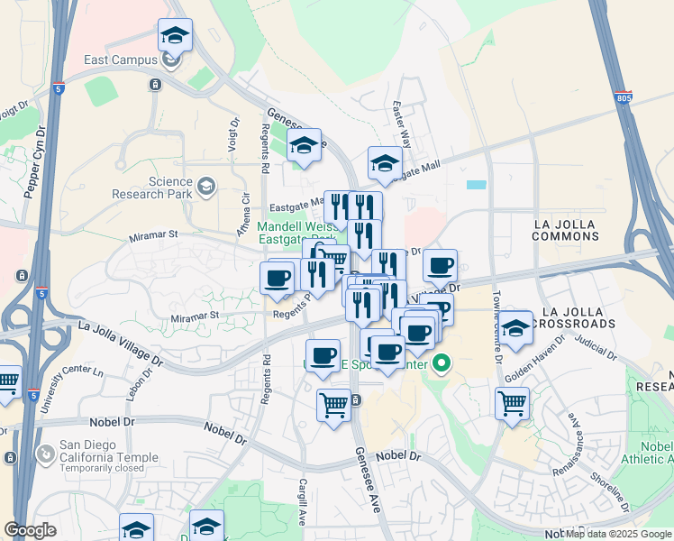 map of restaurants, bars, coffee shops, grocery stores, and more near 4270 Executive Square in San Diego