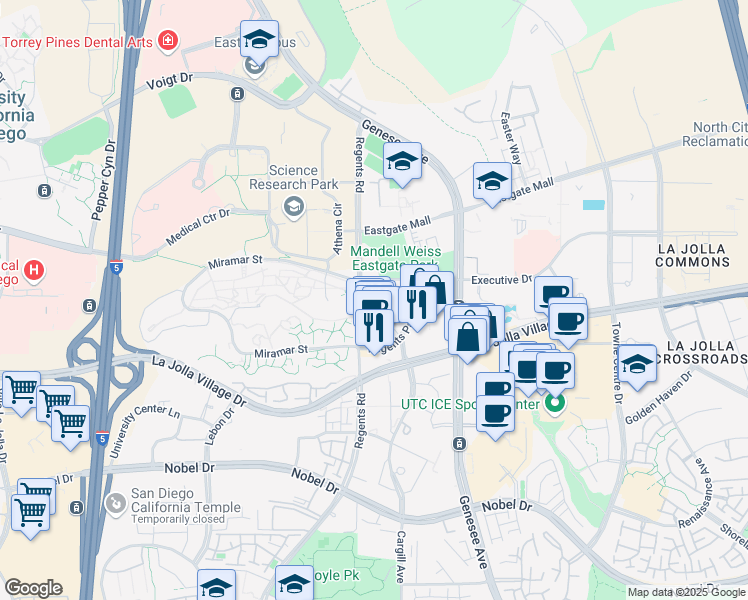 map of restaurants, bars, coffee shops, grocery stores, and more near 9237 Regents Road in San Diego