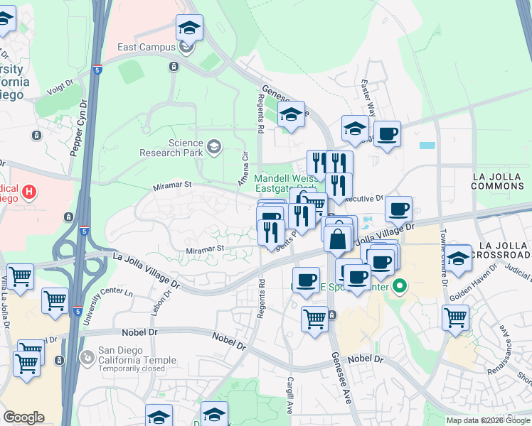 map of restaurants, bars, coffee shops, grocery stores, and more near 9237 Regents Road in San Diego