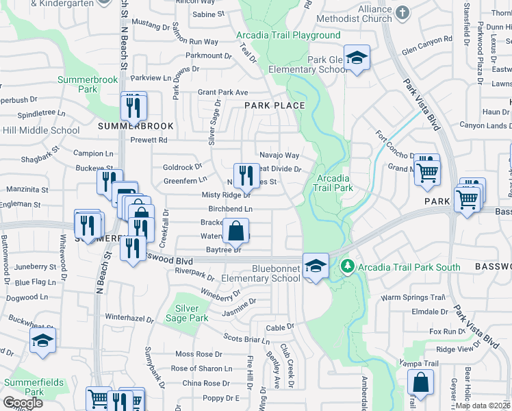 map of restaurants, bars, coffee shops, grocery stores, and more near 4748 Birchbend Lane in Fort Worth