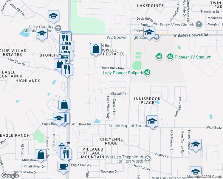 map of restaurants, bars, coffee shops, grocery stores, and more near 6304 Skysail Road in Fort Worth