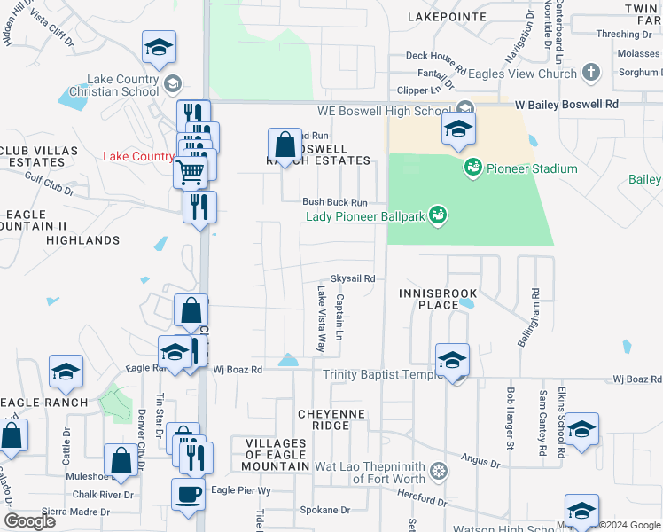 map of restaurants, bars, coffee shops, grocery stores, and more near 6304 Skysail Road in Fort Worth
