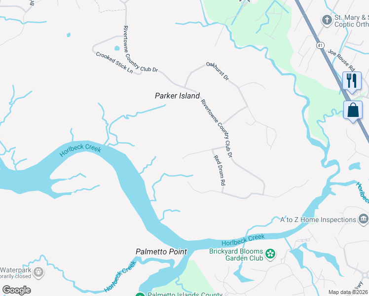 map of restaurants, bars, coffee shops, grocery stores, and more near 2704 Canebreak Lane in Mount Pleasant
