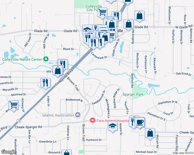 map of restaurants, bars, coffee shops, grocery stores, and more near 607 Green Meadow North in Colleyville