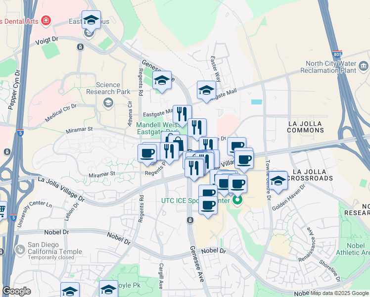 map of restaurants, bars, coffee shops, grocery stores, and more near 4270 Executive Square in San Diego