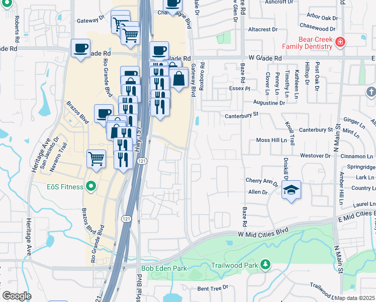 map of restaurants, bars, coffee shops, grocery stores, and more near Gateway Boulevard in Euless