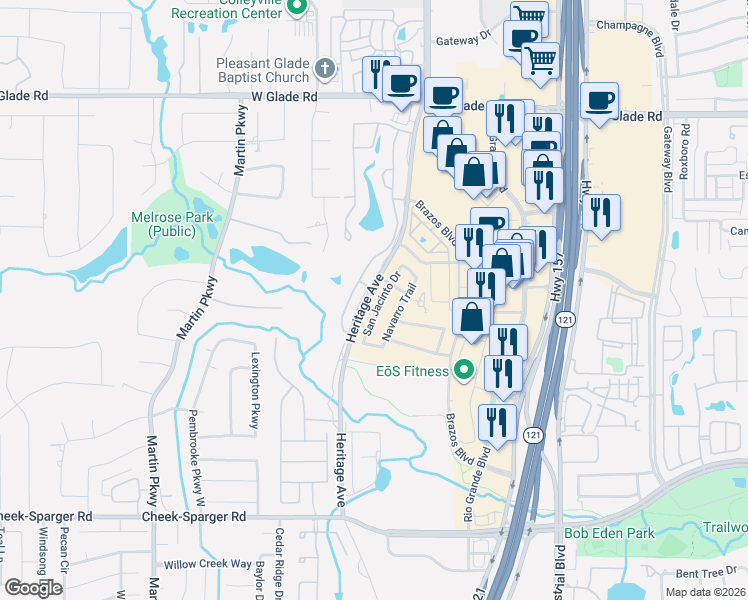 map of restaurants, bars, coffee shops, grocery stores, and more near 2601 Navarro Trail in Euless