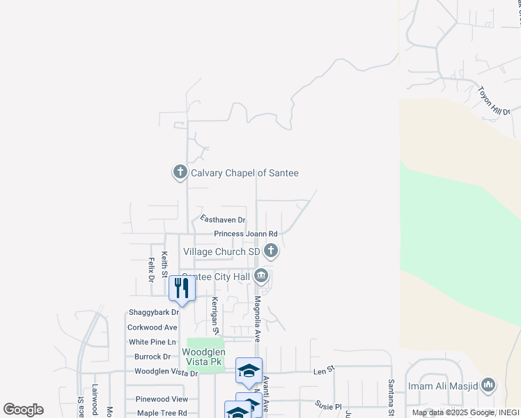 map of restaurants, bars, coffee shops, grocery stores, and more near 10836 Stoney Creek Court in Santee