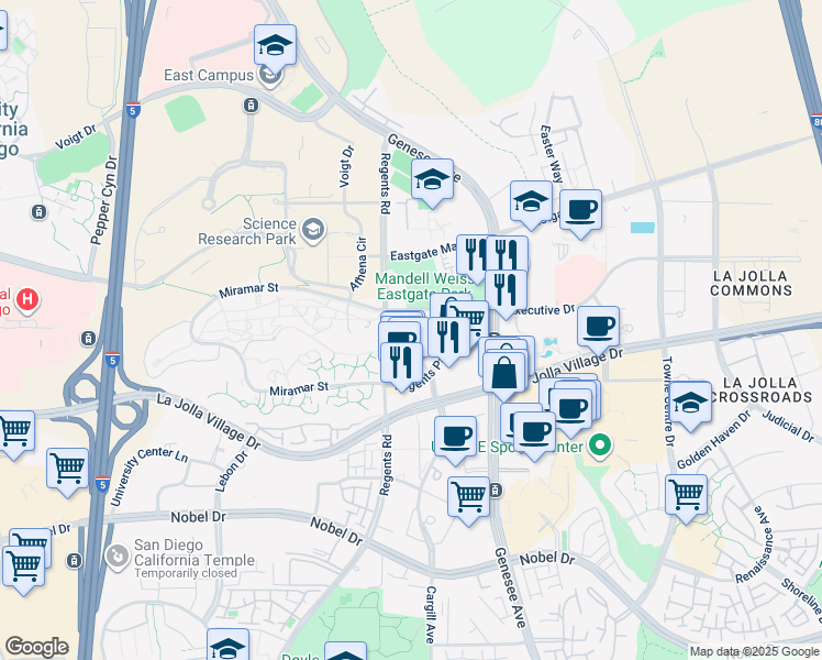 map of restaurants, bars, coffee shops, grocery stores, and more near 9253 Regents Road in San Diego