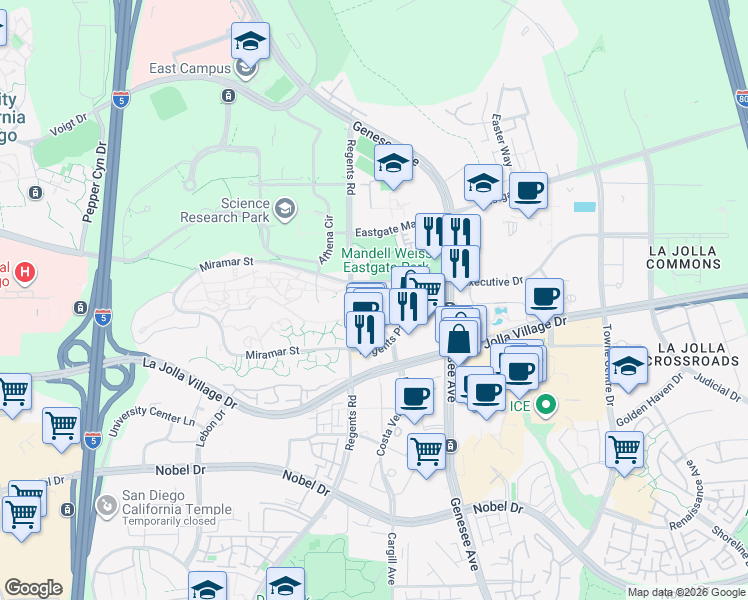 map of restaurants, bars, coffee shops, grocery stores, and more near 9237 Regents Road in San Diego