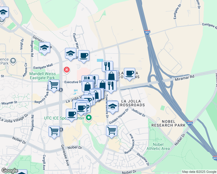 map of restaurants, bars, coffee shops, grocery stores, and more near 4600 La Jolla Village Drive in San Diego