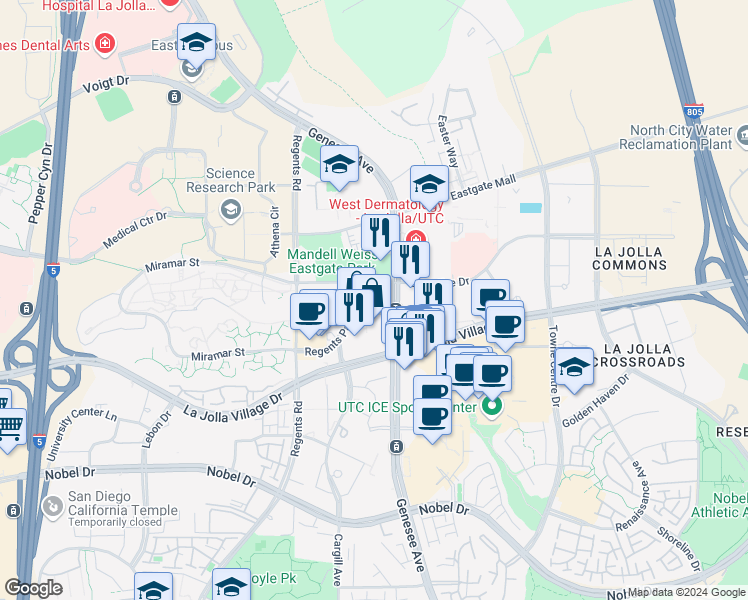map of restaurants, bars, coffee shops, grocery stores, and more near 4270 Executive Square in San Diego