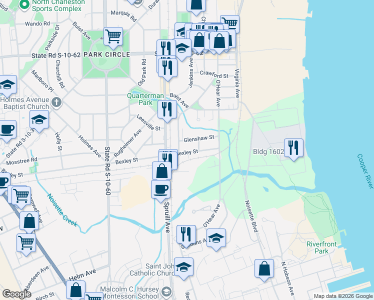 map of restaurants, bars, coffee shops, grocery stores, and more near 1085 Bexley Street in North Charleston