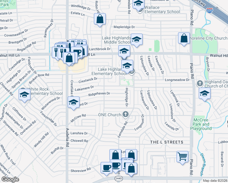 map of restaurants, bars, coffee shops, grocery stores, and more near 10044 Ridgehaven Drive in Dallas