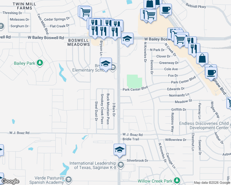 map of restaurants, bars, coffee shops, grocery stores, and more near 8509 3 Bars Drive in Fort Worth
