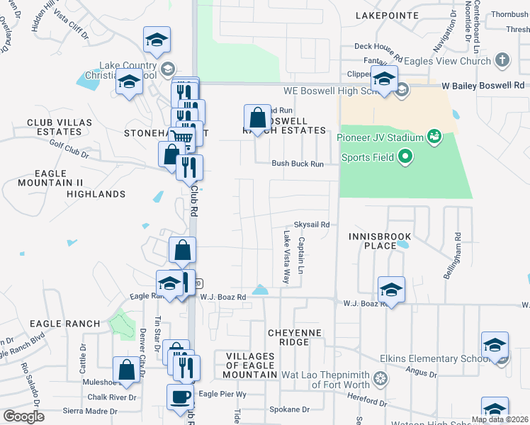map of restaurants, bars, coffee shops, grocery stores, and more near 7809 Boat Wind Road in Fort Worth