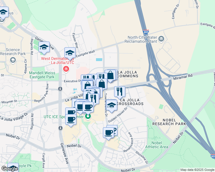 map of restaurants, bars, coffee shops, grocery stores, and more near 4660 La Jolla Village Drive in San Diego