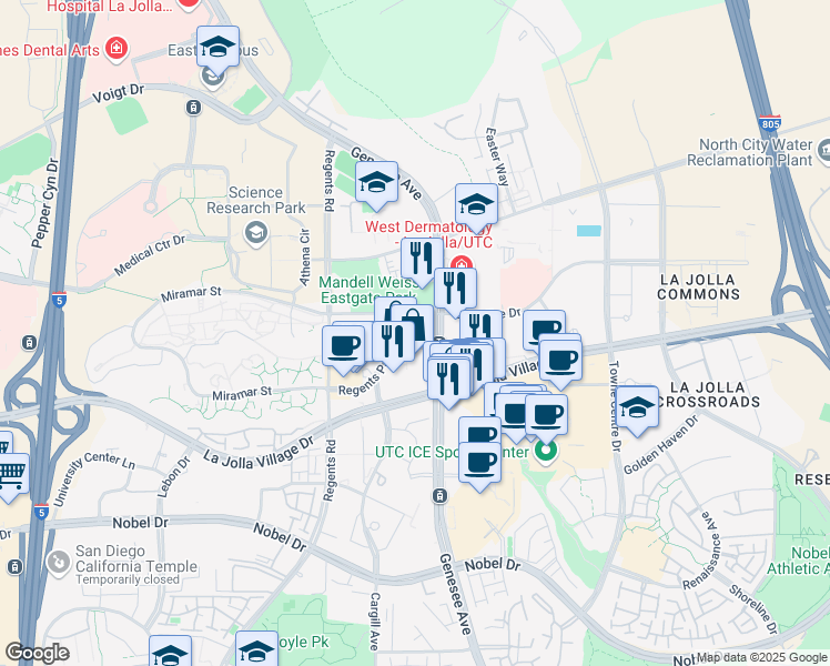 map of restaurants, bars, coffee shops, grocery stores, and more near 4250 Executive Square in San Diego