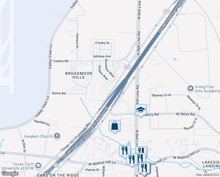 map of restaurants, bars, coffee shops, grocery stores, and more near 3836 Innisbrook Drive North in Irving
