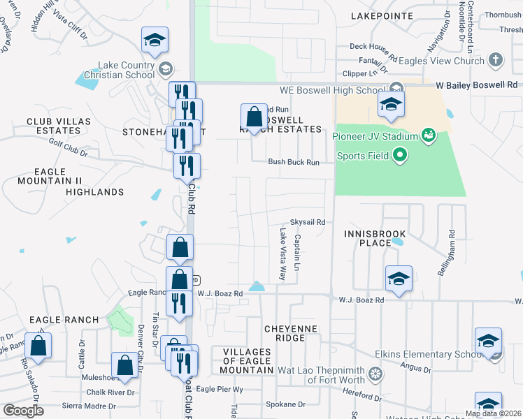 map of restaurants, bars, coffee shops, grocery stores, and more near 7809 Boat Wind Road in Fort Worth