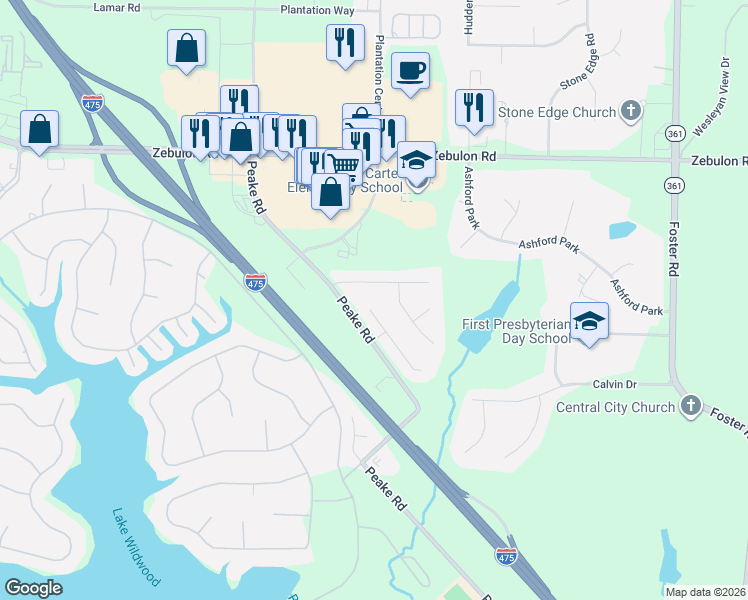 map of restaurants, bars, coffee shops, grocery stores, and more near 191 Autumn Trace Court in Macon
