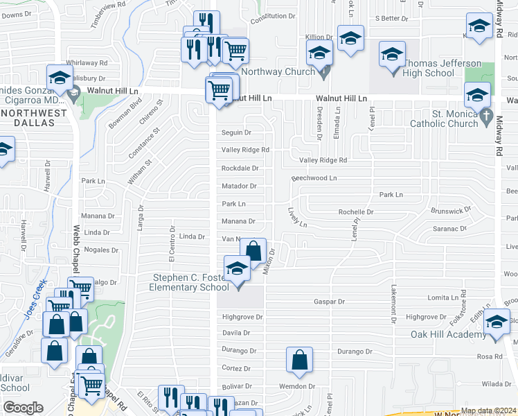 map of restaurants, bars, coffee shops, grocery stores, and more near 3766 Park Lane in Dallas