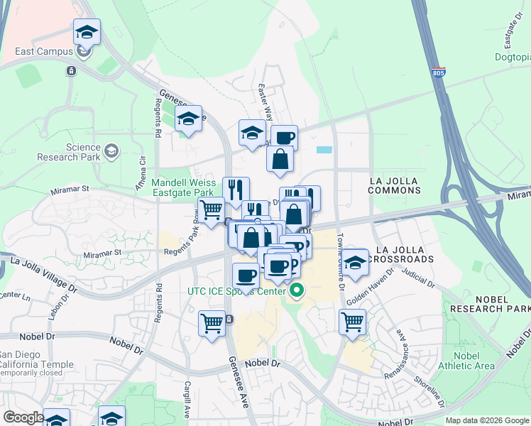 map of restaurants, bars, coffee shops, grocery stores, and more near 4370 La Jolla Village Drive in San Diego
