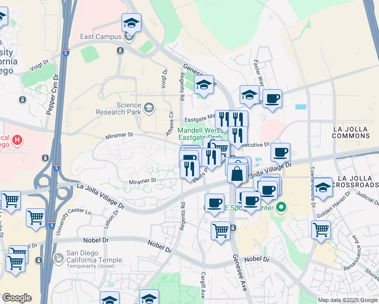 map of restaurants, bars, coffee shops, grocery stores, and more near 9237 Regents Road in San Diego