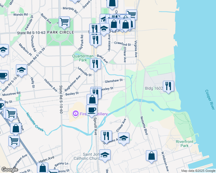 map of restaurants, bars, coffee shops, grocery stores, and more near 1085 Bexley Street in North Charleston