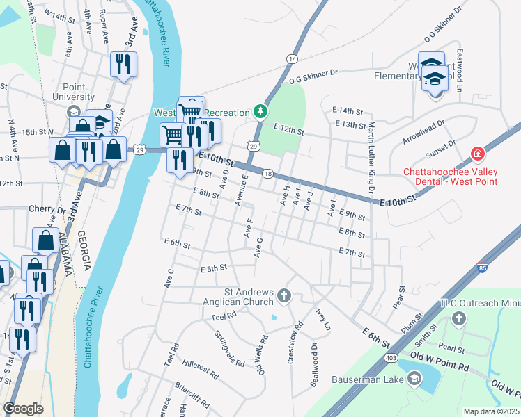 map of restaurants, bars, coffee shops, grocery stores, and more near 701 East 7th Street in West Point