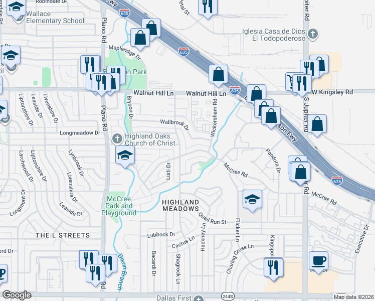 map of restaurants, bars, coffee shops, grocery stores, and more near 11014 McCree Road in Dallas