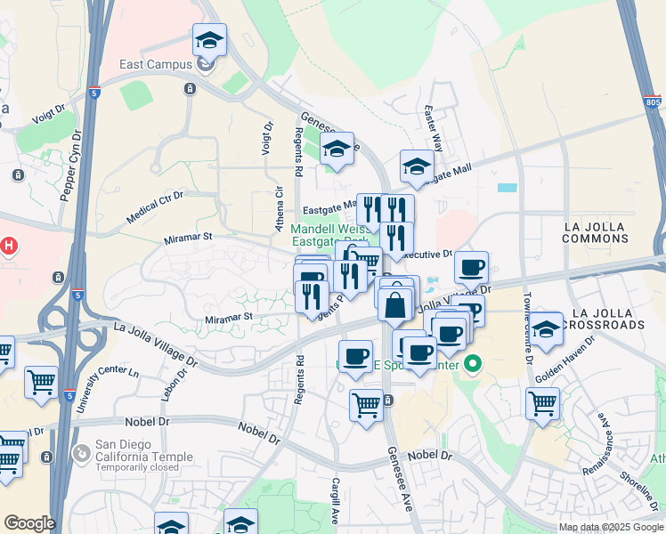 map of restaurants, bars, coffee shops, grocery stores, and more near 9245 Regents Road in San Diego