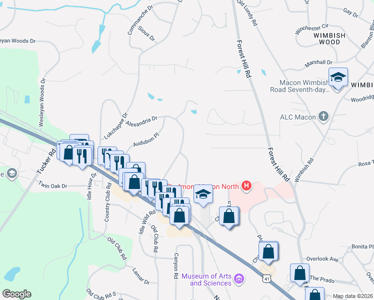 map of restaurants, bars, coffee shops, grocery stores, and more near 133 Alexandria Drive in Macon
