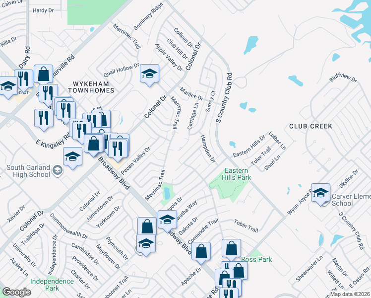 map of restaurants, bars, coffee shops, grocery stores, and more near 1304 Carriage Lane in Garland
