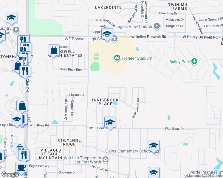 map of restaurants, bars, coffee shops, grocery stores, and more near 7629 Innisbrook Lane in Fort Worth