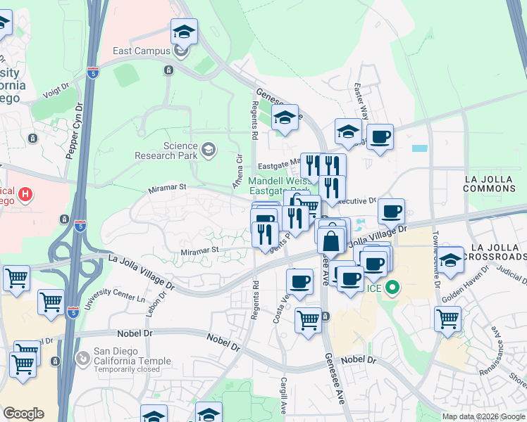 map of restaurants, bars, coffee shops, grocery stores, and more near 9237 Regents Road in San Diego