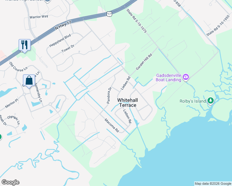 map of restaurants, bars, coffee shops, grocery stores, and more near 3649 Pandora Drive in Mount Pleasant