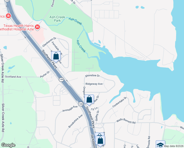 map of restaurants, bars, coffee shops, grocery stores, and more near 345 Shoreline Drive in Azle