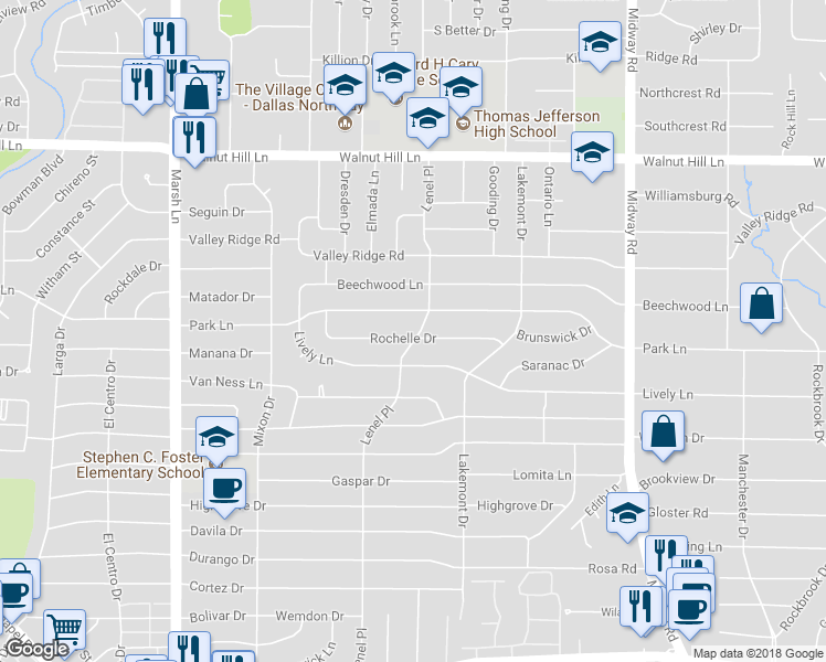 map of restaurants, bars, coffee shops, grocery stores, and more near 3999 Rochelle Drive in Dallas