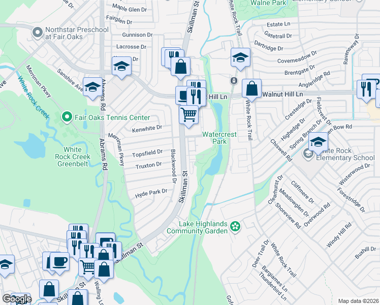 map of restaurants, bars, coffee shops, grocery stores, and more near 7056 Silverberry Street in Dallas