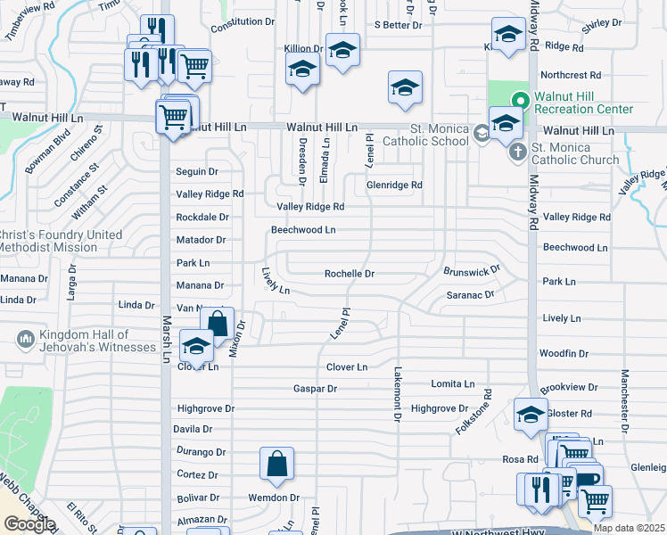 map of restaurants, bars, coffee shops, grocery stores, and more near 3969 Lively Lane in Dallas