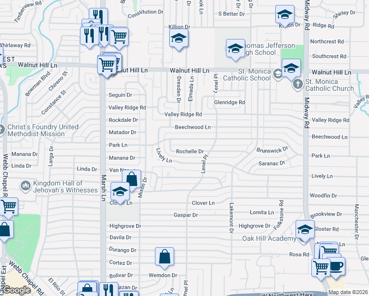 map of restaurants, bars, coffee shops, grocery stores, and more near 3950 Rochelle Drive in Dallas
