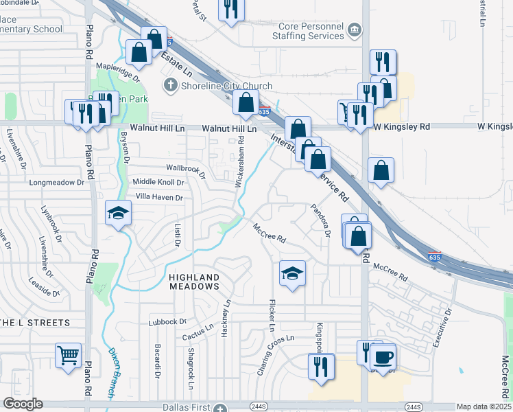 map of restaurants, bars, coffee shops, grocery stores, and more near 11333 Amanda Lane in Dallas