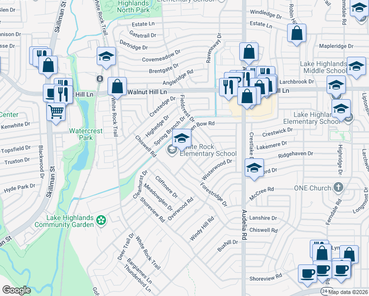 map of restaurants, bars, coffee shops, grocery stores, and more near 9623 Broken Bow Road in Dallas