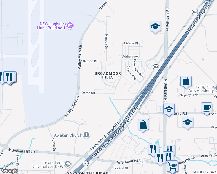 map of restaurants, bars, coffee shops, grocery stores, and more near 4017 Dorris Road in Irving