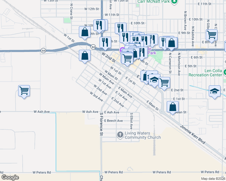 map of restaurants, bars, coffee shops, grocery stores, and more near 119 S Florence St in Casa Grande