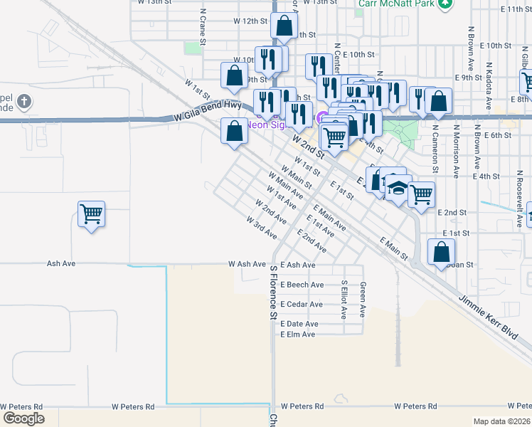 map of restaurants, bars, coffee shops, grocery stores, and more near 313 South Top and Bottom Street in Casa Grande