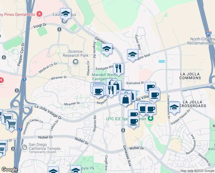 map of restaurants, bars, coffee shops, grocery stores, and more near 4175 Executive Drive in San Diego