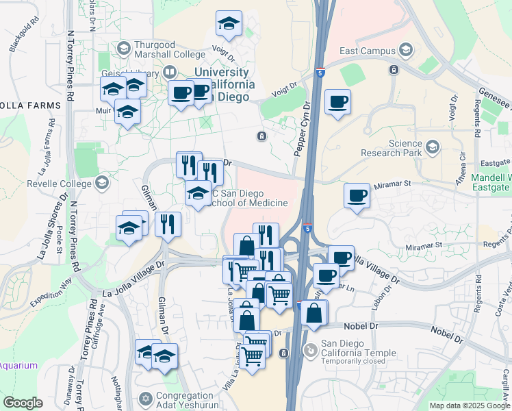 map of restaurants, bars, coffee shops, grocery stores, and more near 3350 La Jolla Village Dr in San Diego
